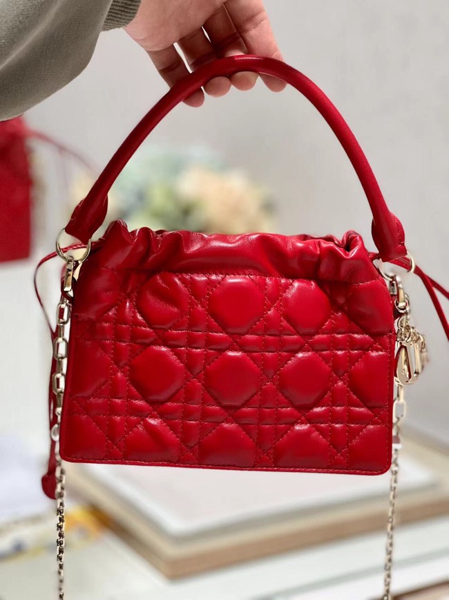 LADY DIOR TOP HANDLE DRAWSTRING MINI BAG Scarlet Red Cannage Lambskin S0981ON