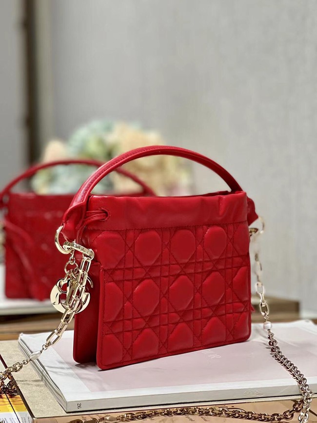 LADY DIOR TOP HANDLE DRAWSTRING MINI BAG Scarlet Red Cannage Lambskin S0981ON