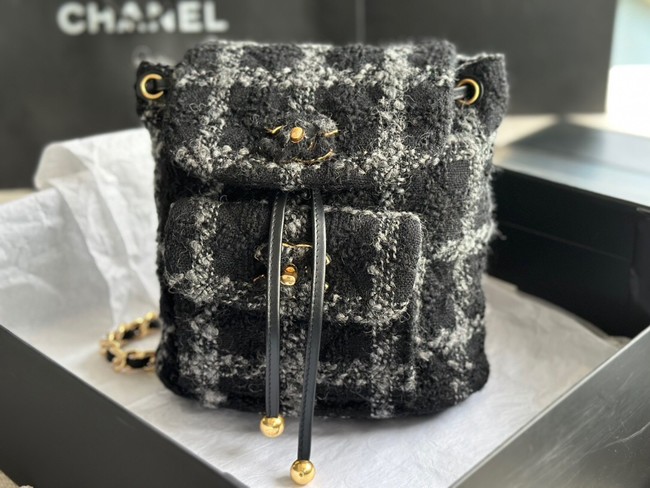 Chanel BACKPACK Wool Tweed & Gold-Tone Metal AS3615 Black & Gray