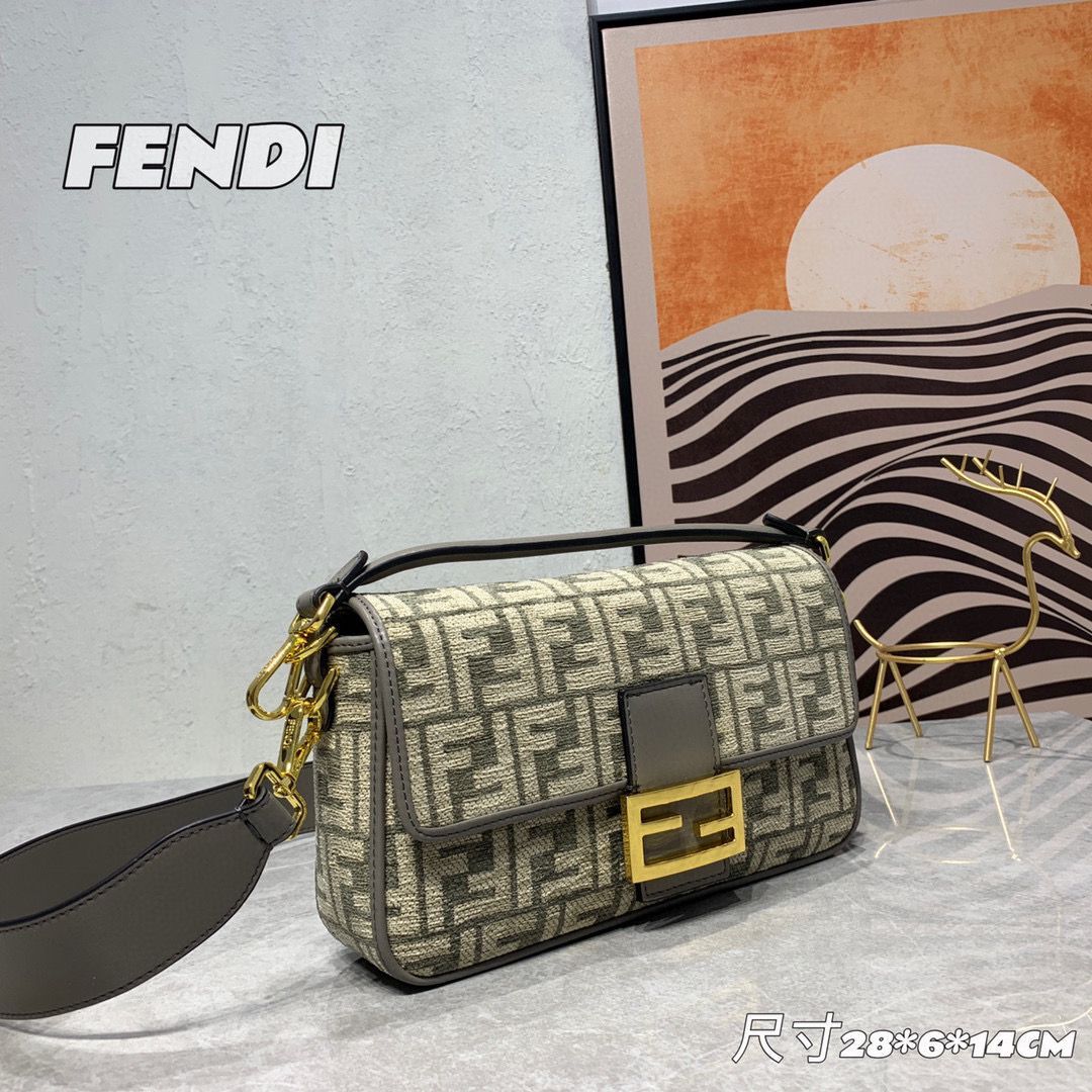 Fendi Baguette Dove gray FF tapestry fabric bag 8BS010B