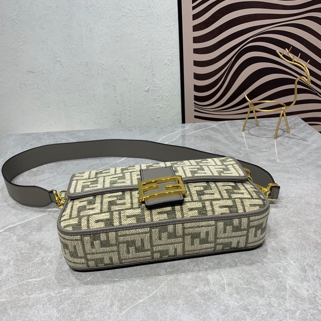 Fendi Baguette Dove gray FF tapestry fabric bag 8BS010B