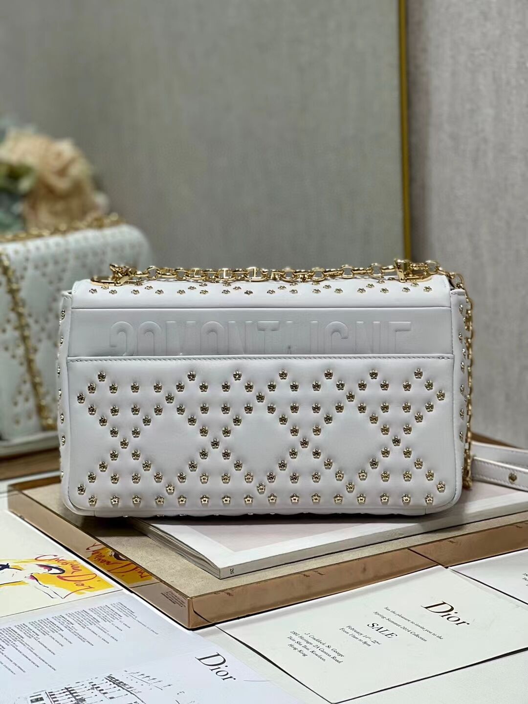 DIOR CARO MACROCANNAGE POUCH Macrocannage Calfskin with Star Motif C3136 white&gold