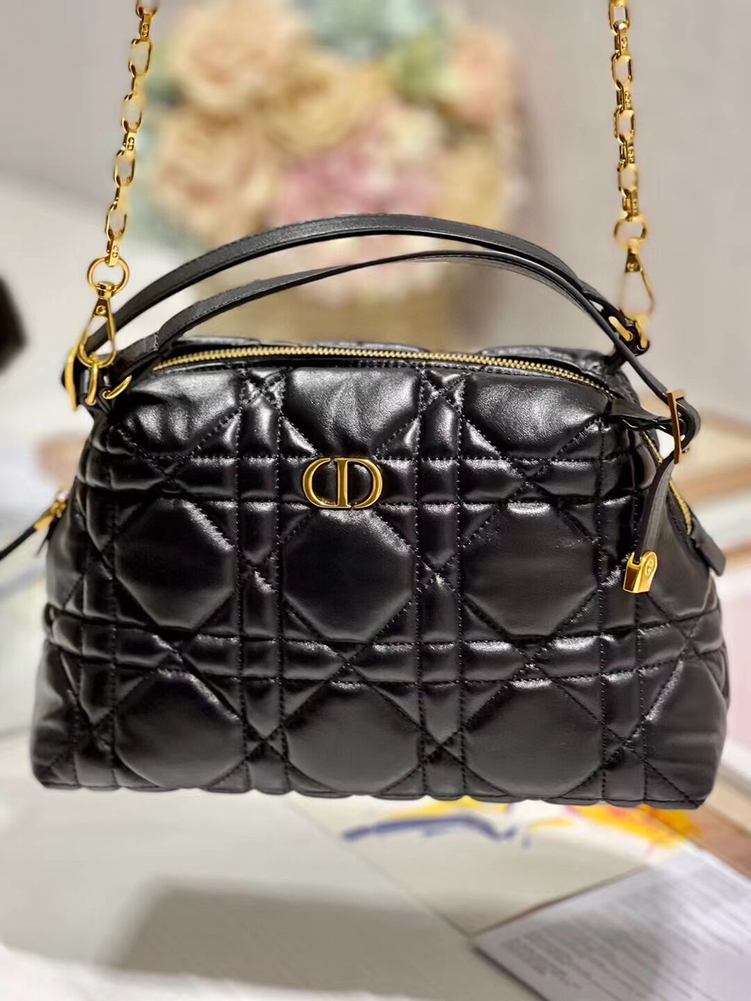 LADY DIOR TOP HANDLE SMALL BAG Latte Cannage Lambskin C0656 BLACK