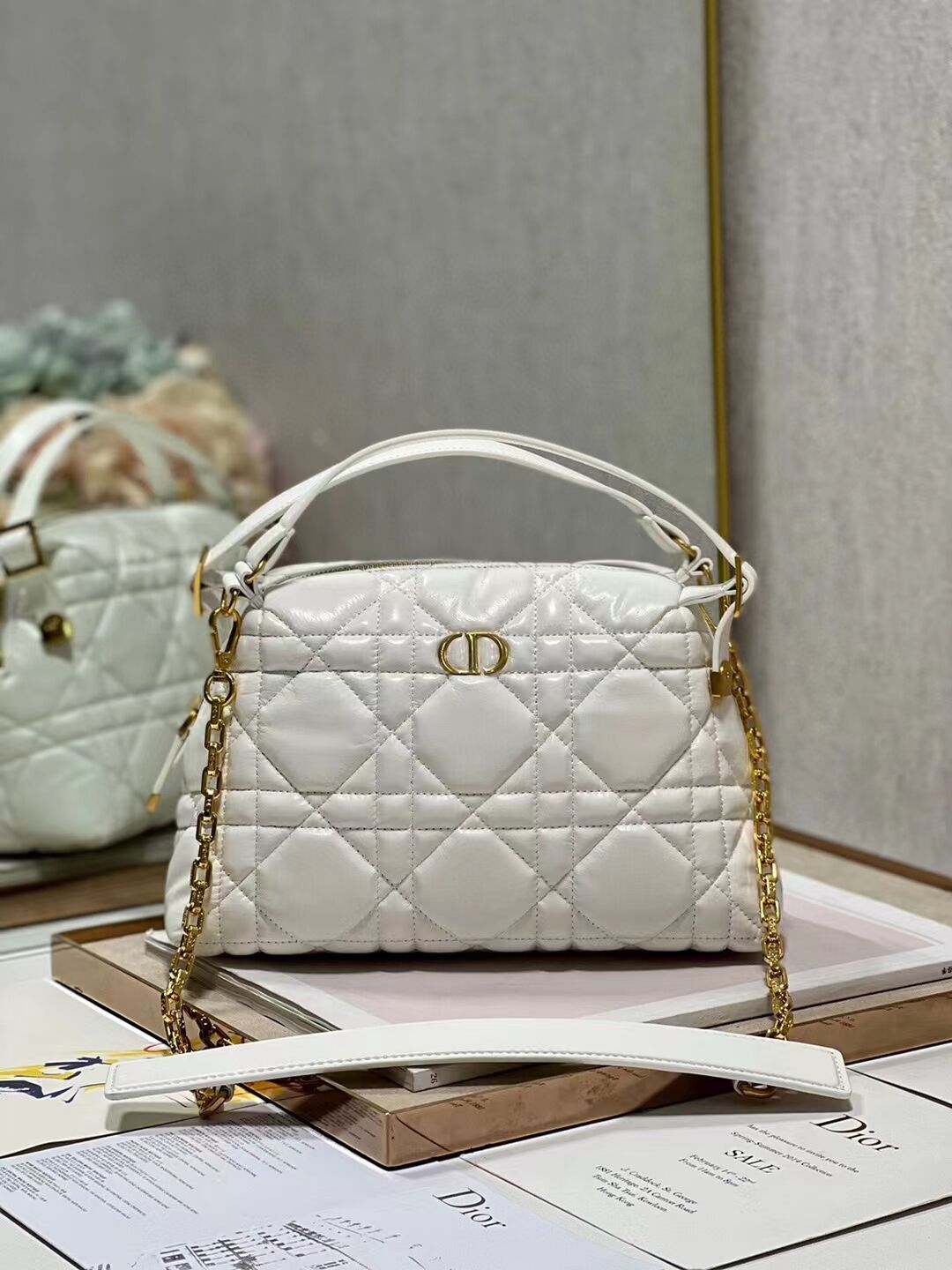 LADY DIOR TOP HANDLE SMALL BAG Latte Cannage Lambskin C0656 WHITE