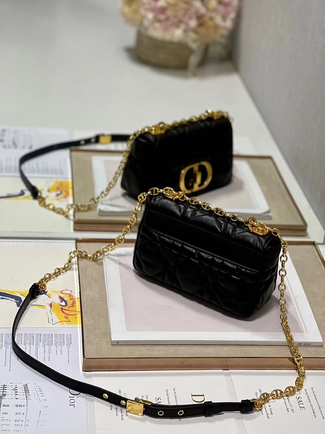 SMALL DIOR CARO BAG Supple Cannage Calfskin M9241U black&gold