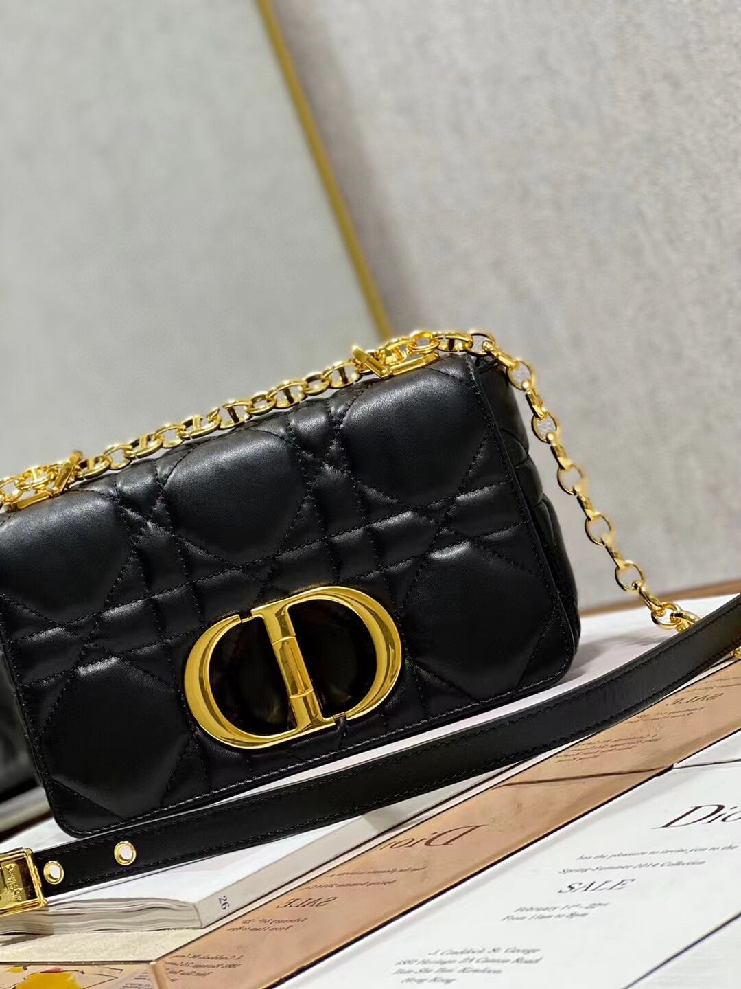 SMALL DIOR CARO BAG Supple Cannage Calfskin M9241U black&gold