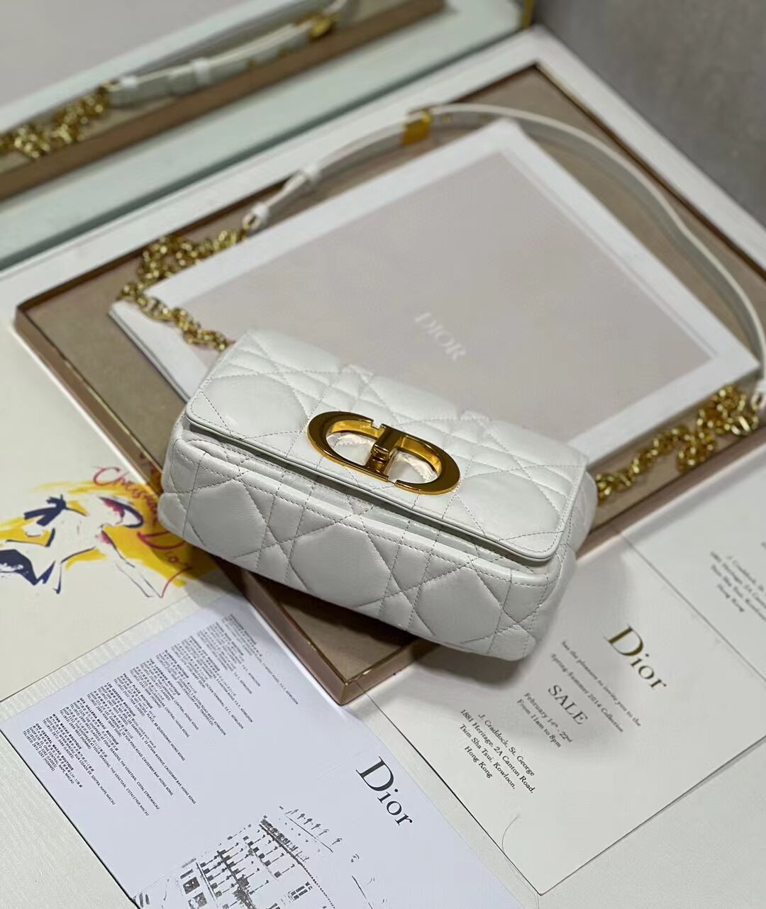 SMALL DIOR CARO BAG Supple Cannage Calfskin M9241U white&gold