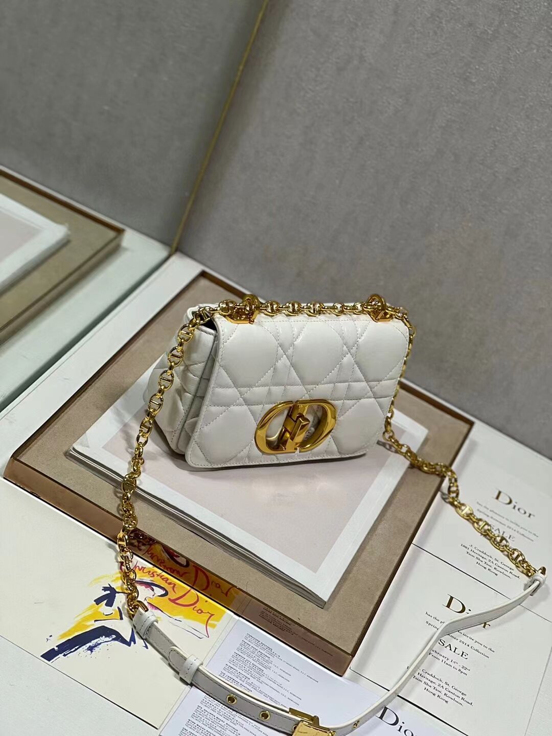 SMALL DIOR CARO BAG Supple Cannage Calfskin M9241U white&gold