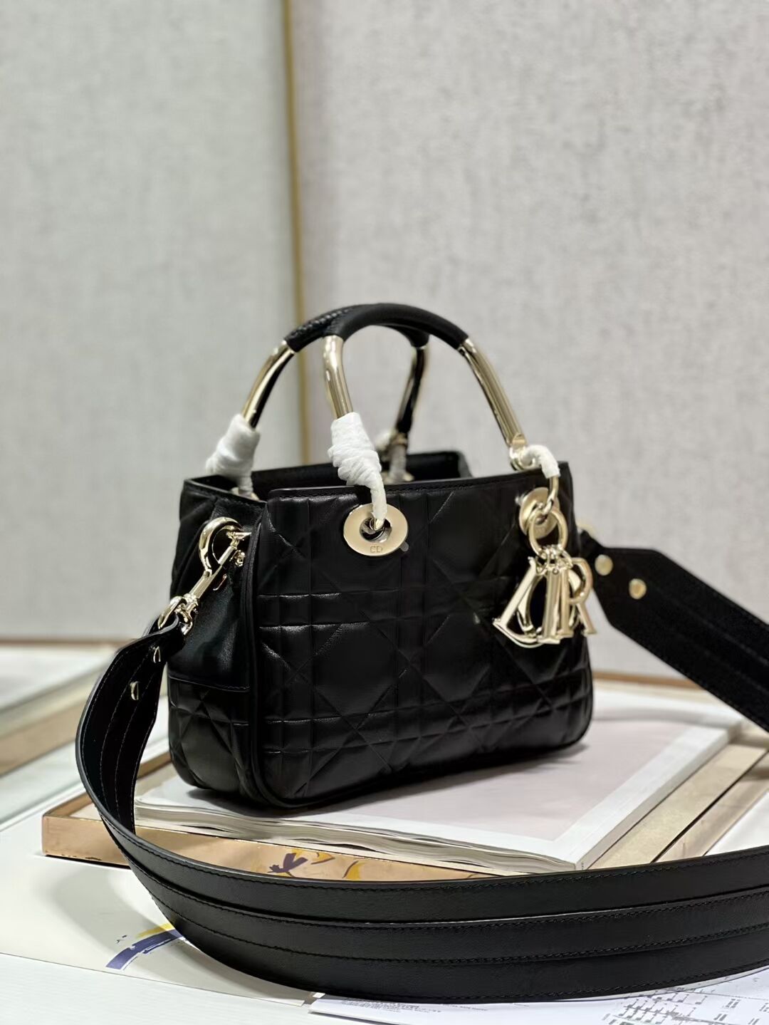 LADY DIOR TOP HANDLE SMALL BAG Latte Cannage Lambskin C9228 BLACK&GOLD