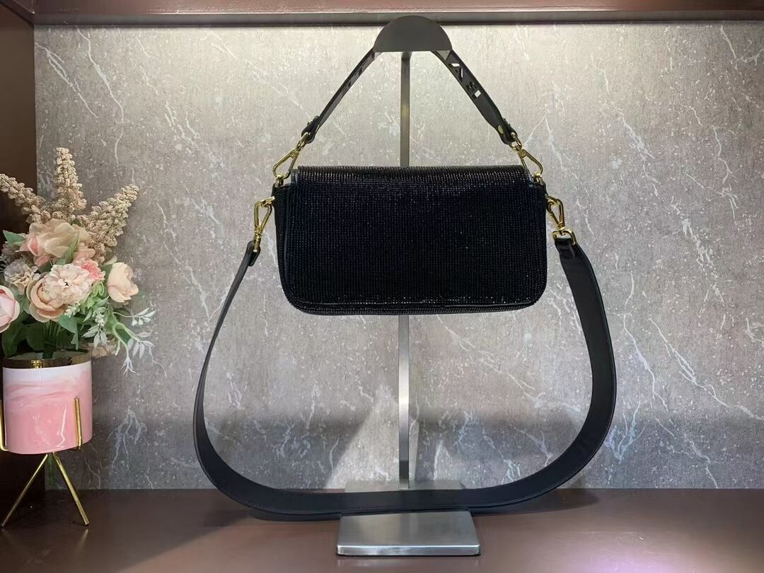 Fendi Baguette crystals and leather bag F0961 black