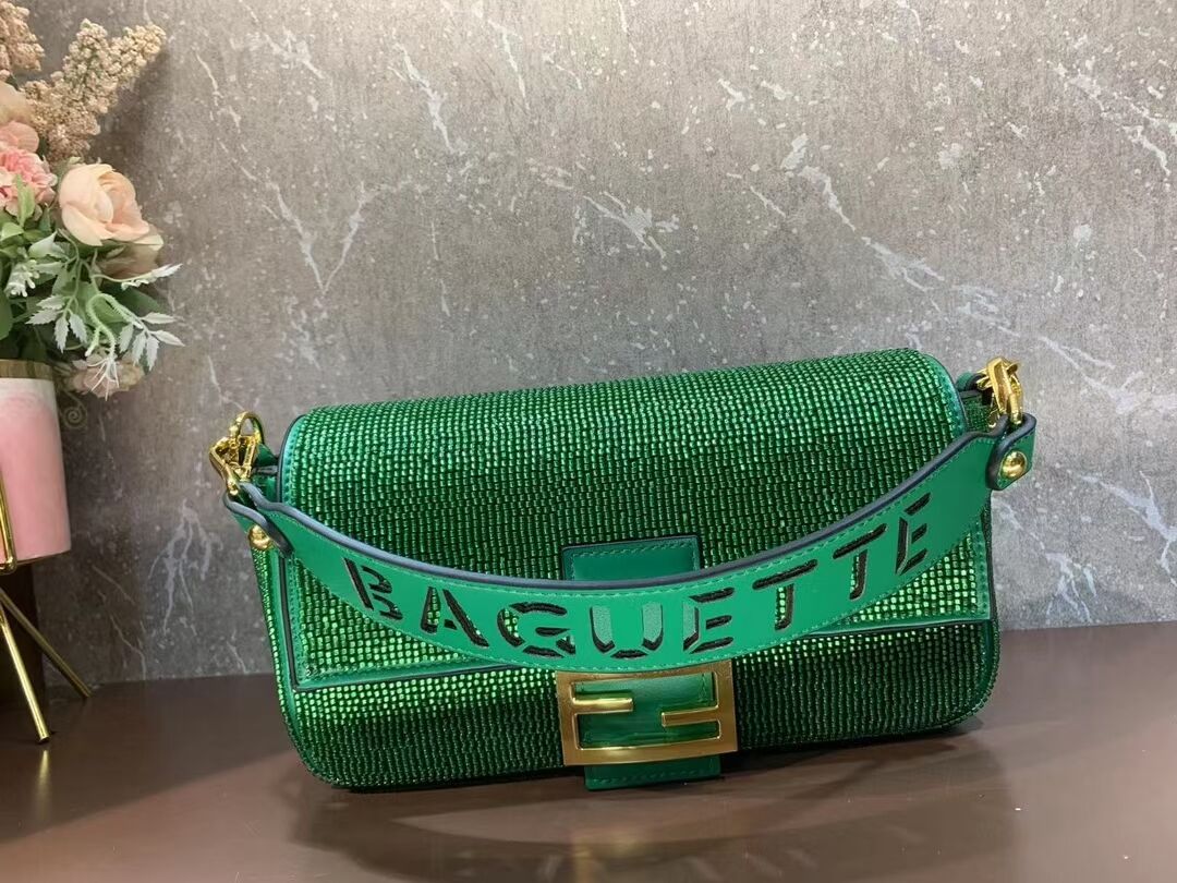 Fendi Baguette crystals and leather bag F0961 green