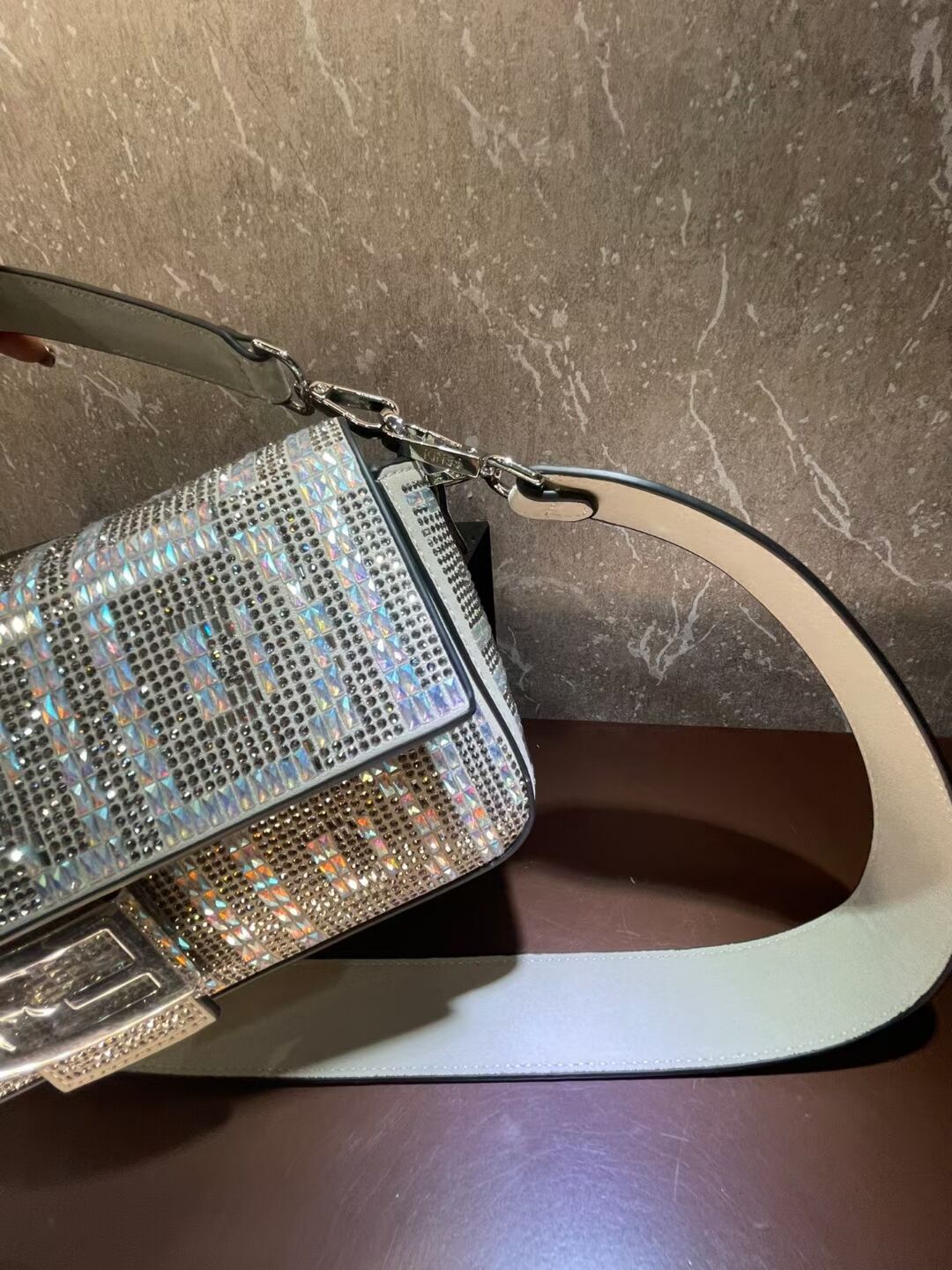 Fendi Baguette crystals and leather bag F0961 silvery