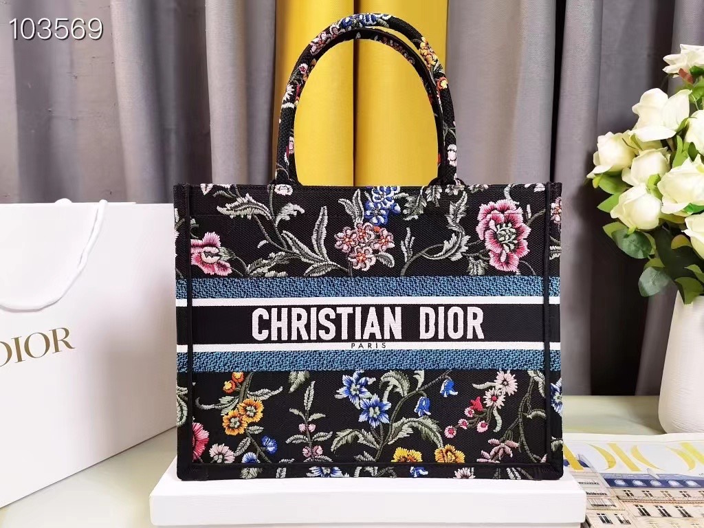 MEDIUM DIOR BOOK TOTE Black Multicolor Dior Petites Fleurs Embroidery M1296Z-33