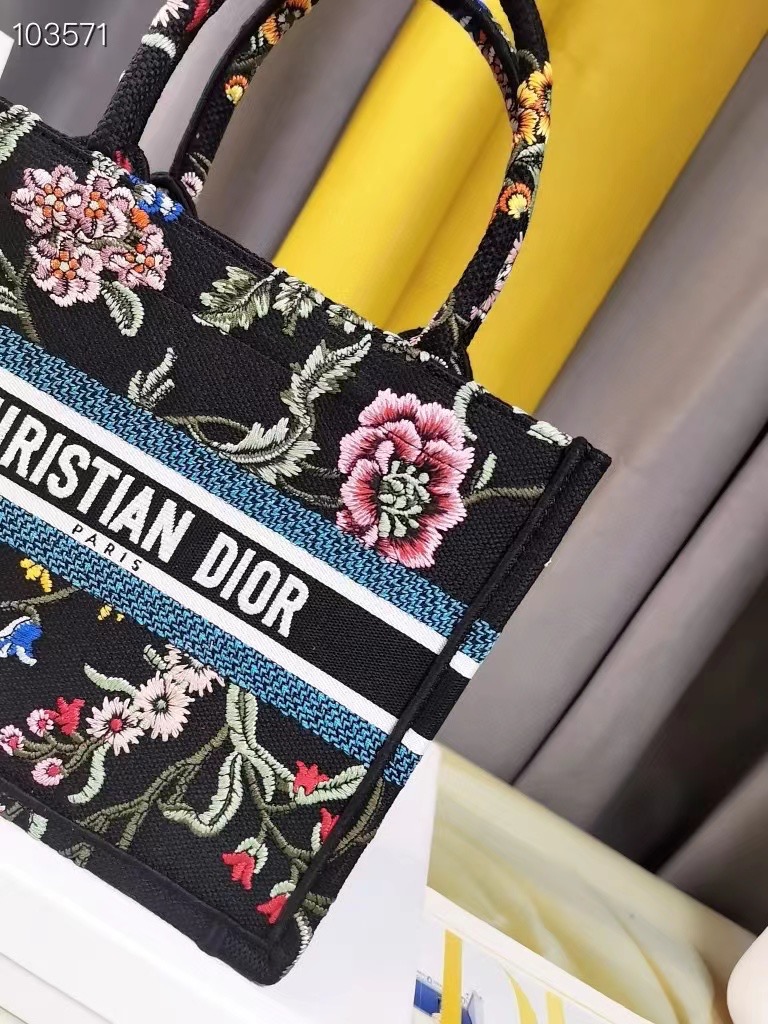 SMALL DIOR BOOK TOTE Black Multicolor Dior Petites Fleurs Embroidery M1265ZC