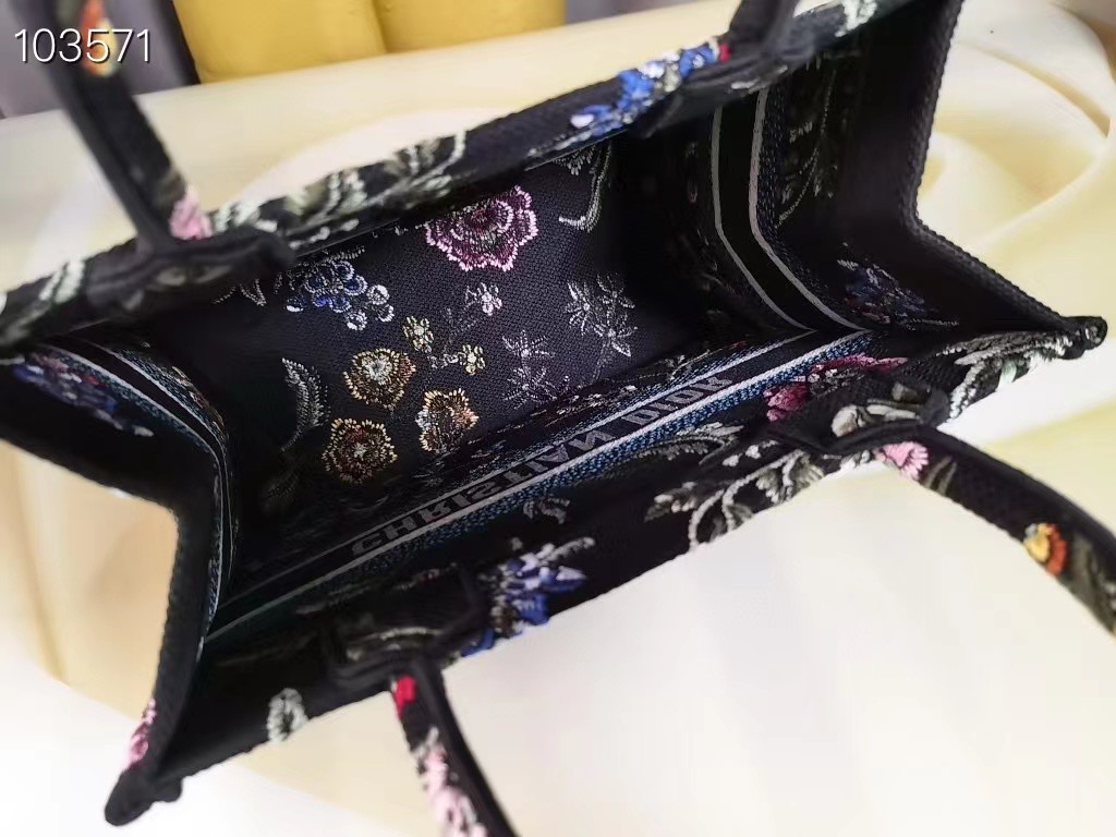 SMALL DIOR BOOK TOTE Black Multicolor Dior Petites Fleurs Embroidery M1265ZC