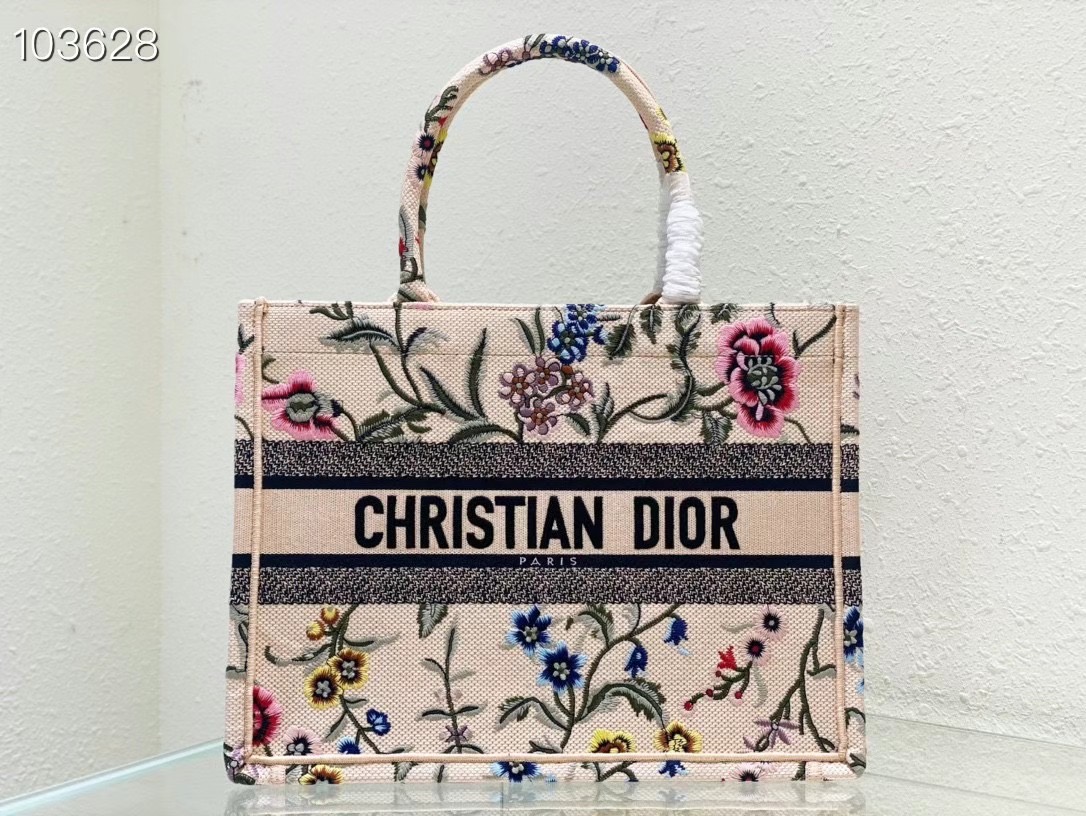 MEDIUM DIOR BOOK TOTE Natural Multicolor Raffia Embroidered with Dior Petites Fleurs M1296ZEB