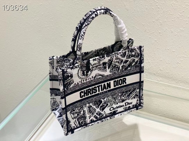 SMALL DIOR BOOK TOTE White and Black Plan de Paris Embroidery M1265ZC