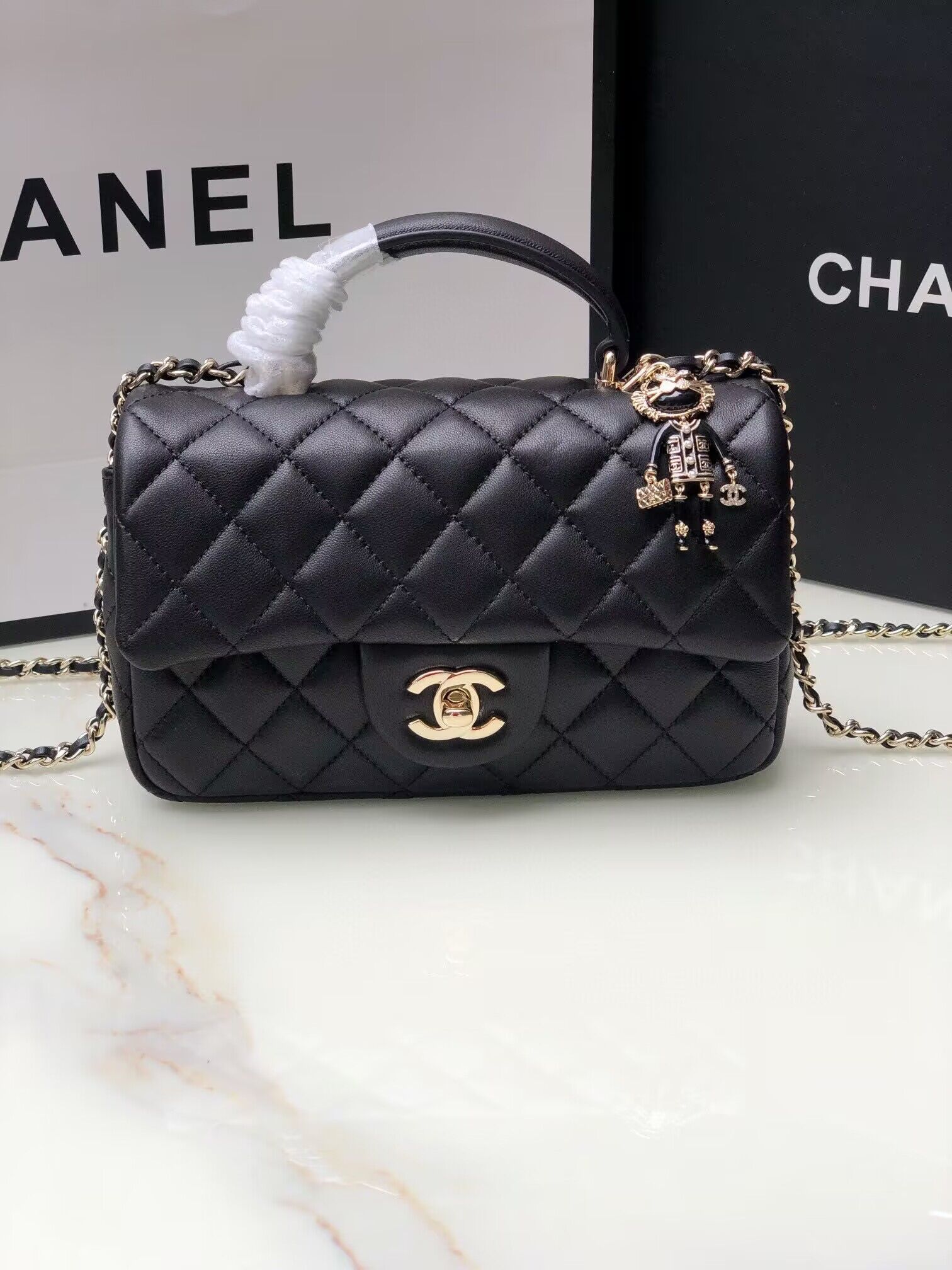 CHANEL mini flap bag with top handle AS2431 Black&Gold-Tone