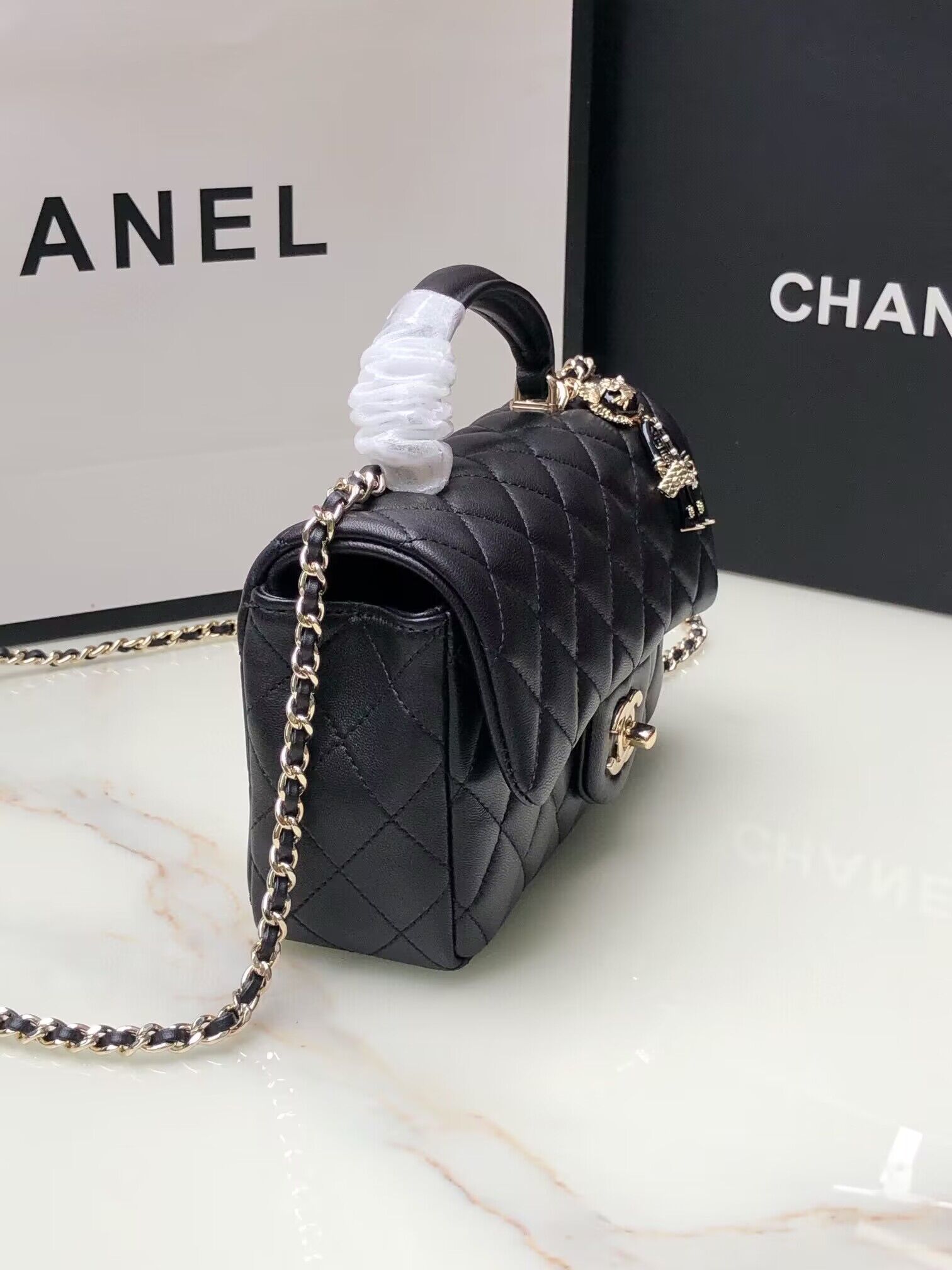 CHANEL mini flap bag with top handle AS2431 Black&Gold-Tone