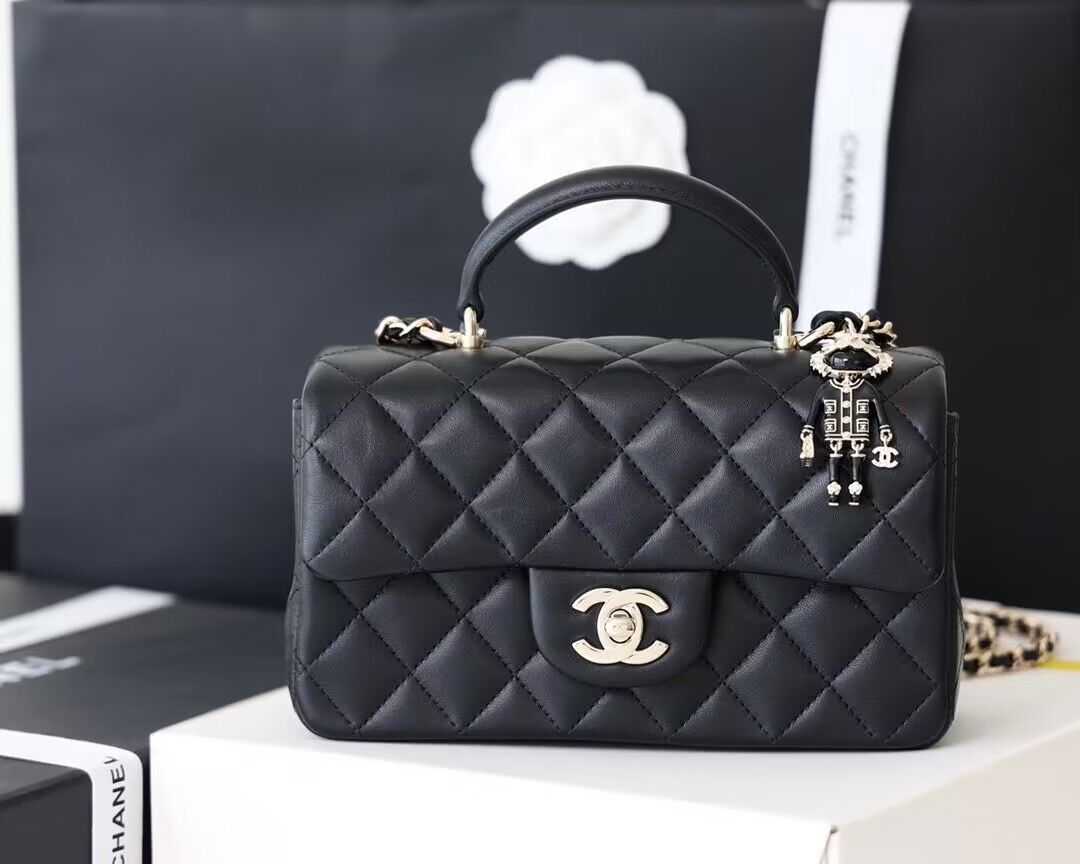 CHANEL mini flap bag with top handle AS2431 Black&Silver-Tone