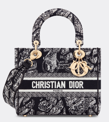 Dior MEDIUM LADY D-LITE BAG Black and White Plan de Paris Embroidery M0565OOMP