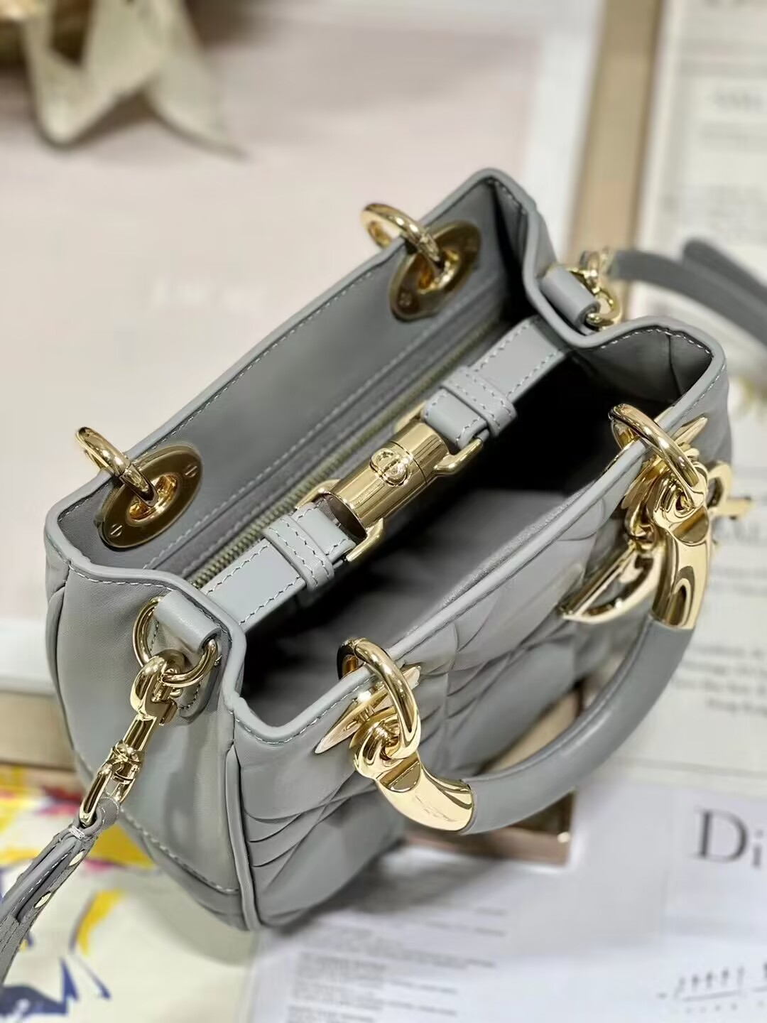 LADY DIOR TOP HANDLE SMALL BAG Cannage Lambskin C0620 gray