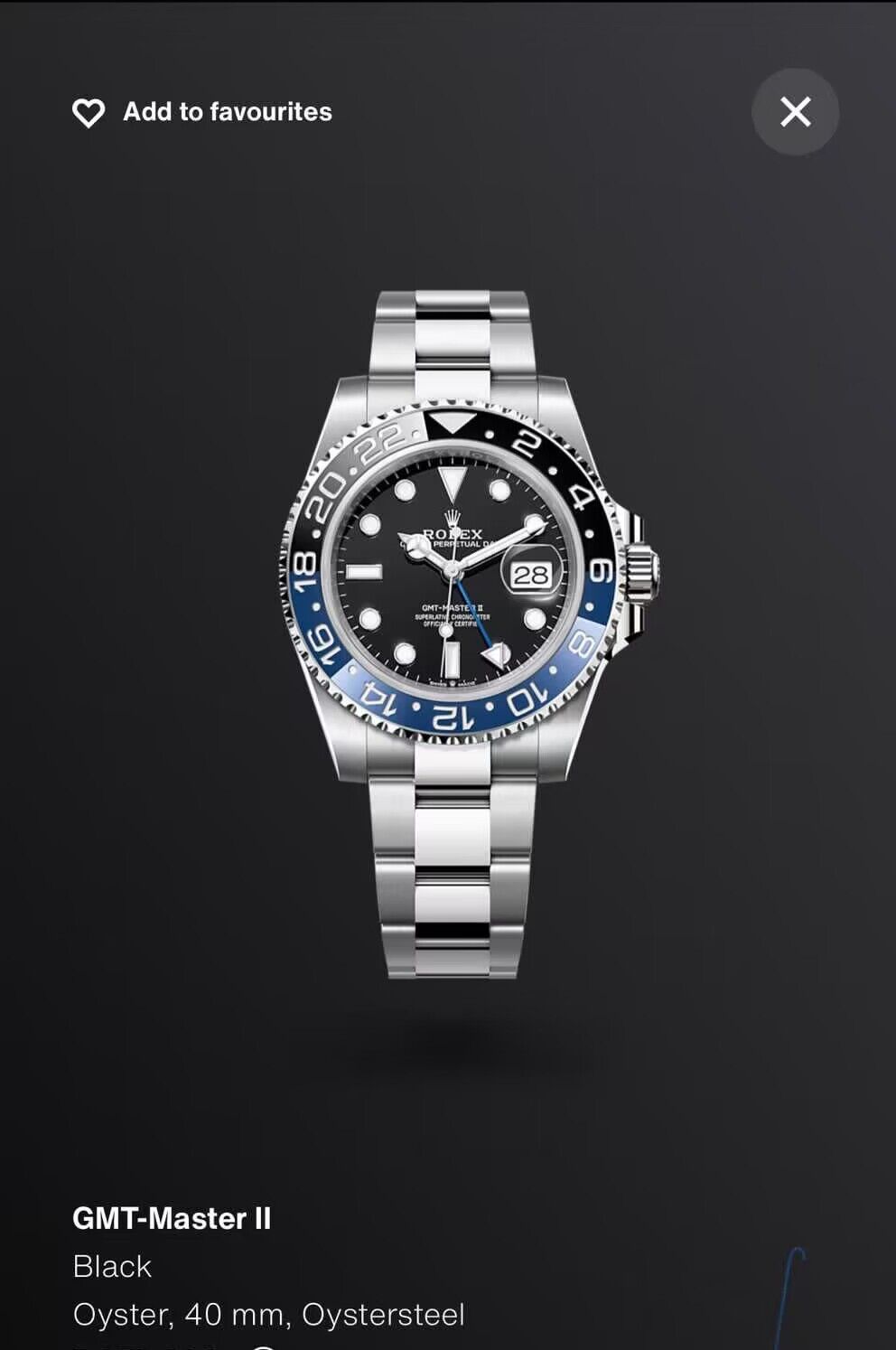 Rolex Watch GMT-Master II Black Dial Oyster 40mm Oystersteel RG63203