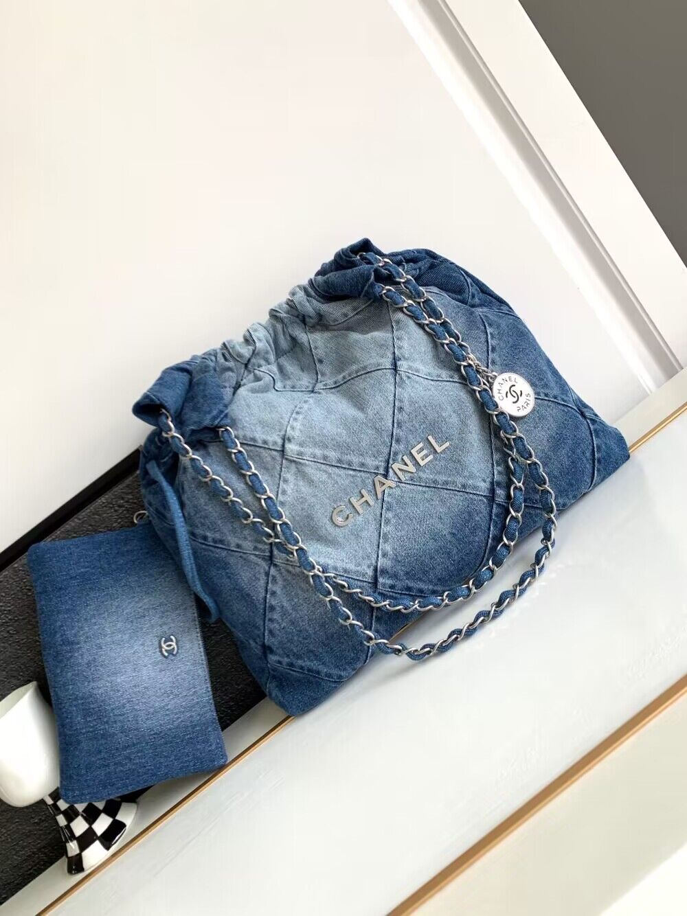 CHANEL 22 Shopping Bag Denim & Silver-Tone Metal AS3137 Blue