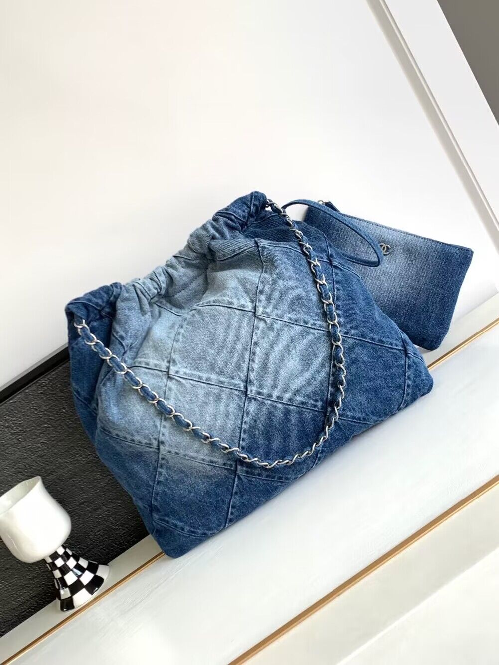 CHANEL 22 Shopping Bag Denim & Silver-Tone Metal AS3137 Blue