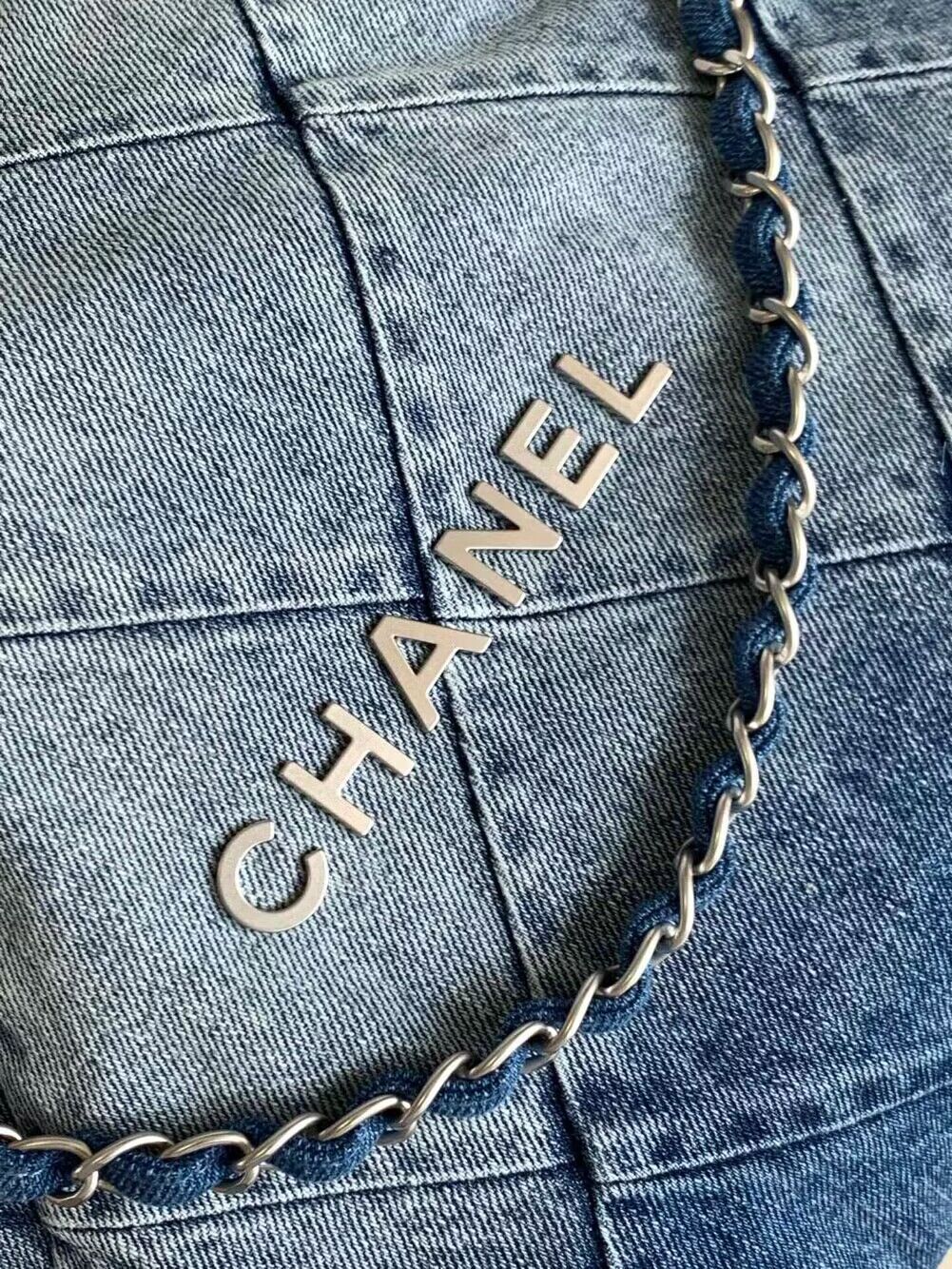 CHANEL 22 Shopping Bag Denim & Silver-Tone Metal AS3137 Blue