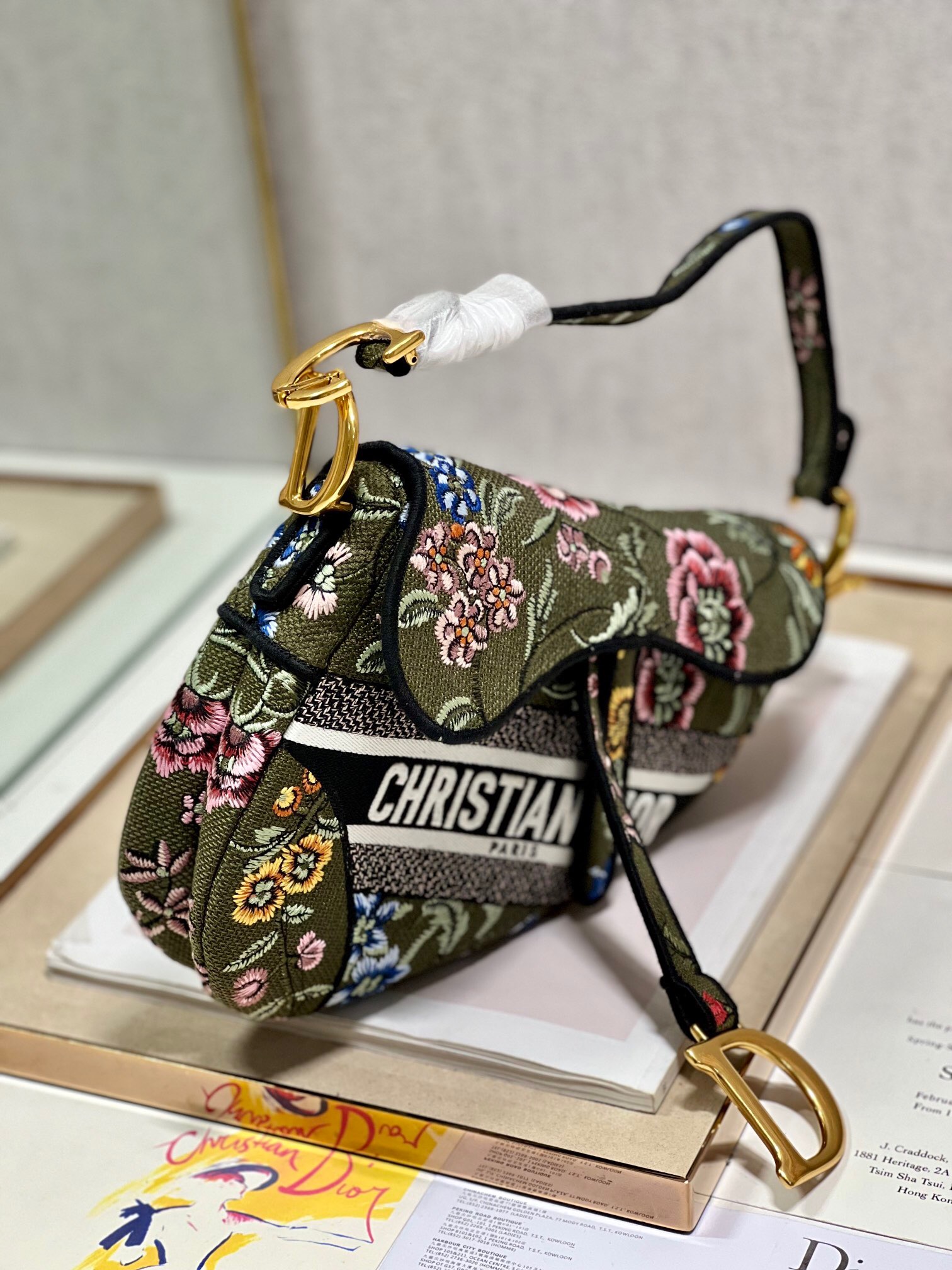 DIOR SADDLE BAG Green Multicolor Dior Petites Fleurs Embroidery M0446C