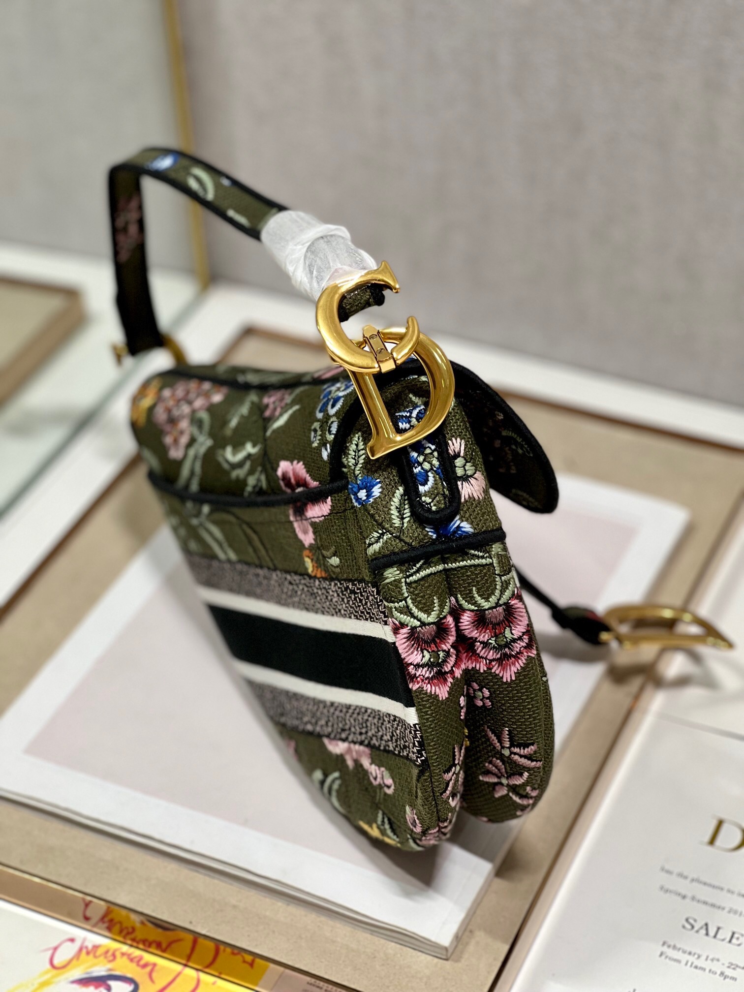 DIOR SADDLE BAG Green Multicolor Dior Petites Fleurs Embroidery M0446C