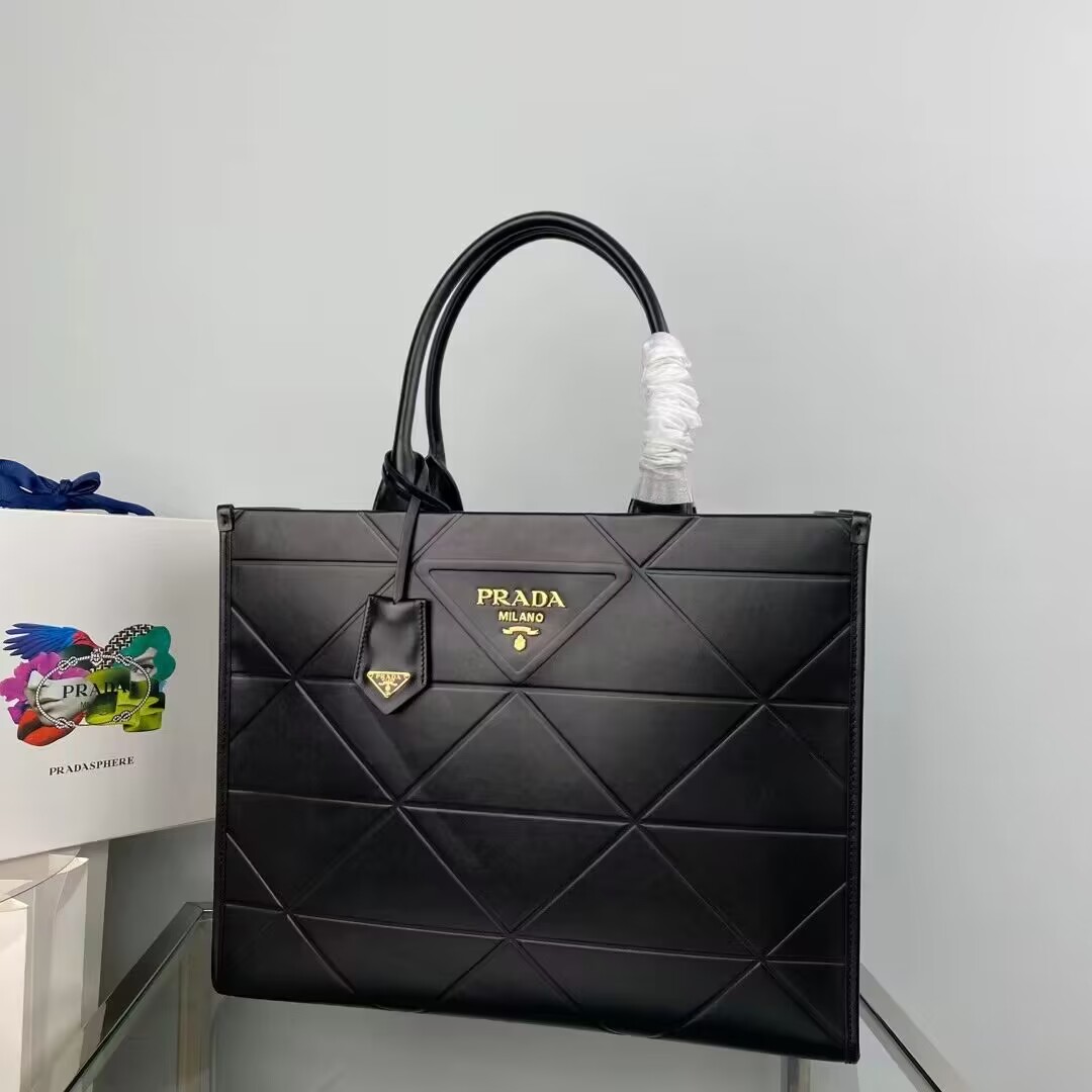 Prada Large leather Prada Symbole bag with topstitching 1BA377 Black