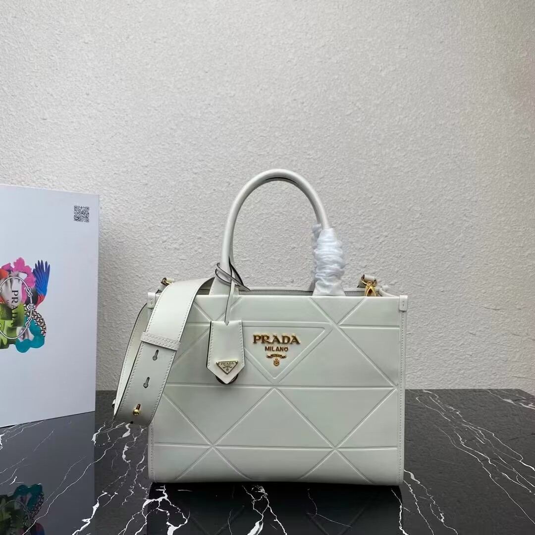 Small leather Prada Symbole bag with topstitching 1HH039 white