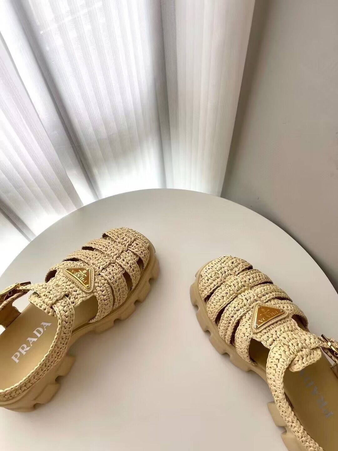 Prada Weave Sandals Shoes PD30362 Apricot