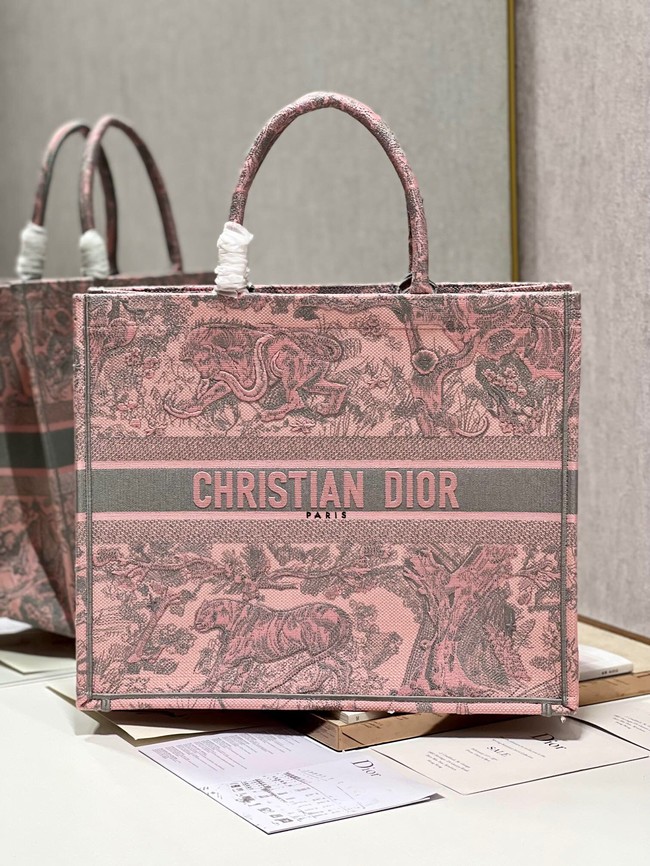 LARGE DIOR BOOK TOTE Pink and Gray Toile de Jouy Sauvage Embroidery M1286ZTD