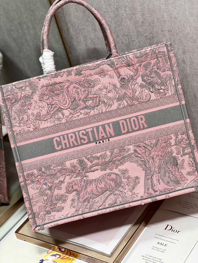 LARGE DIOR BOOK TOTE Pink and Gray Toile de Jouy Sauvage Embroidery M1286ZTD