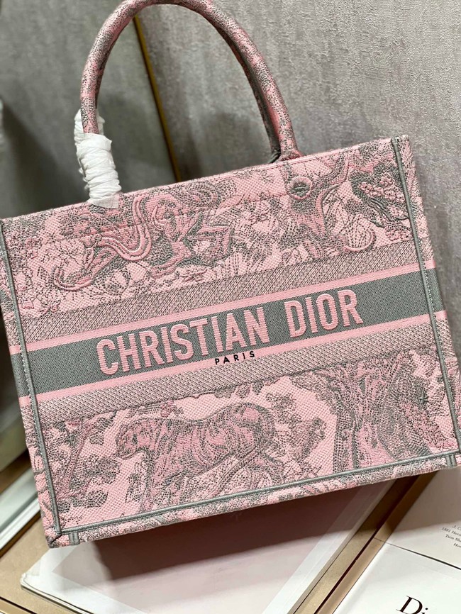 MEDIUM DIOR BOOK TOTE Gray and Pink Toile de Jouy Reverse Embroidery M1296ZRG