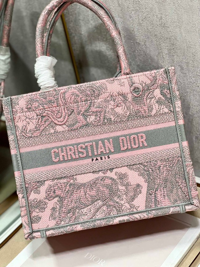 SMALL DIOR BOOK TOTE Gray and Pink Toile de Jouy Reverse Embroidery M1296ZRG