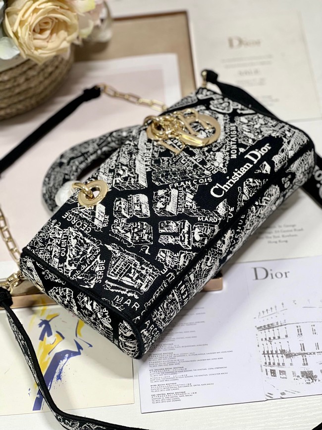 MEDIUM DIOR LADY D-JOY BAG Black Plan de Paris Embroidery M0540O