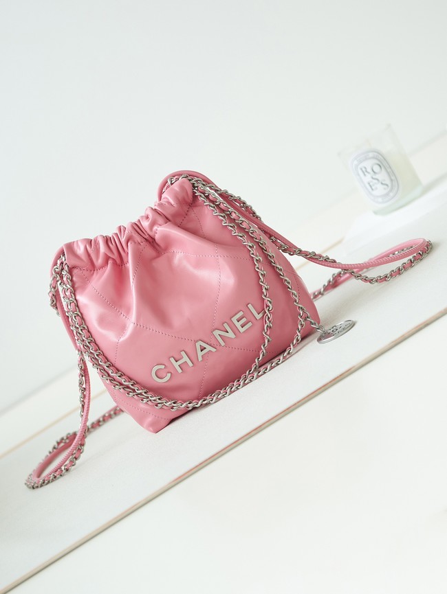 CHANEL 22 MINI HANDBAG Shiny Calfskin & silver-Tone Metal AS3980 PINK