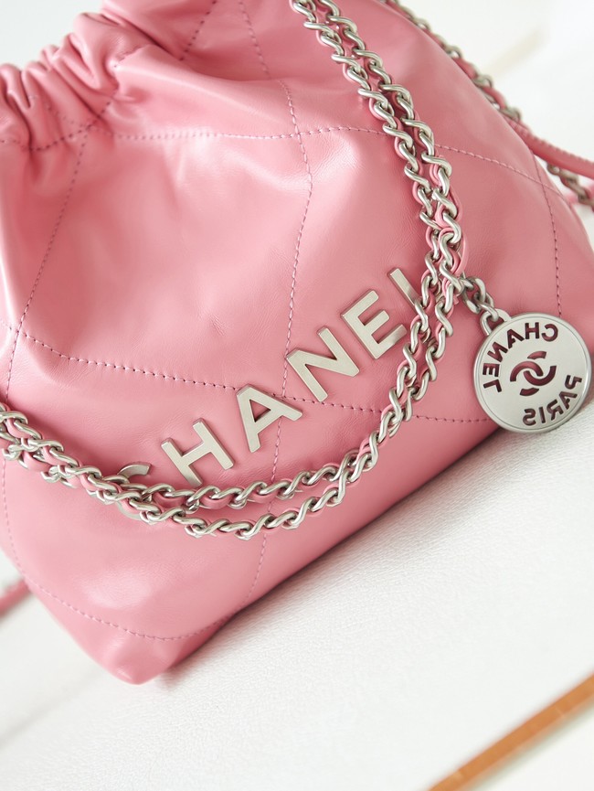 CHANEL 22 MINI HANDBAG Shiny Calfskin & silver-Tone Metal AS3980 PINK