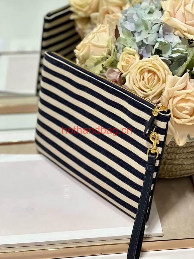 LARGE DIOR CARO DAILY POUCH Natural and Denim Blue Mariniere Raffia S5086UGAK