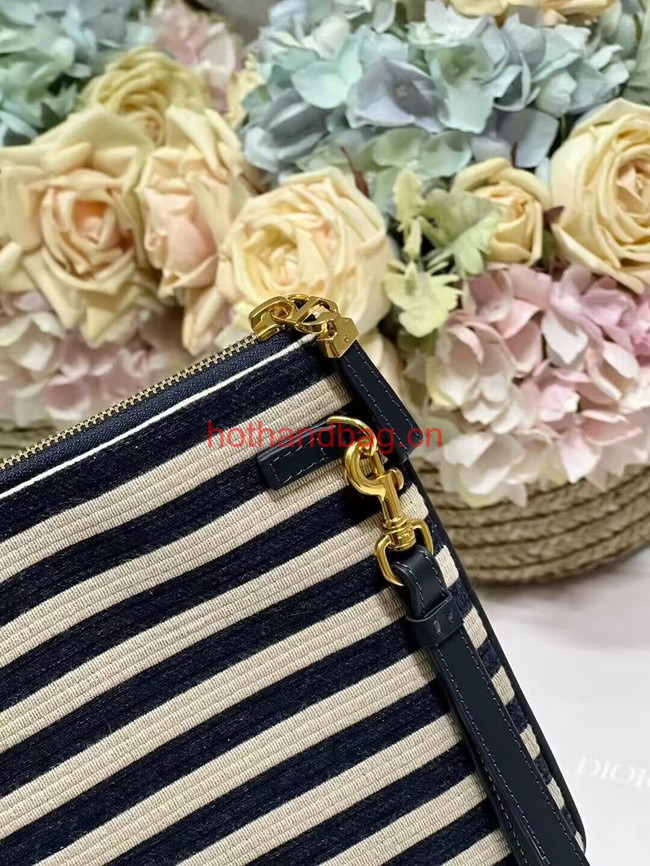 LARGE DIOR CARO DAILY POUCH Natural and Denim Blue Mariniere Raffia S5086UGAK