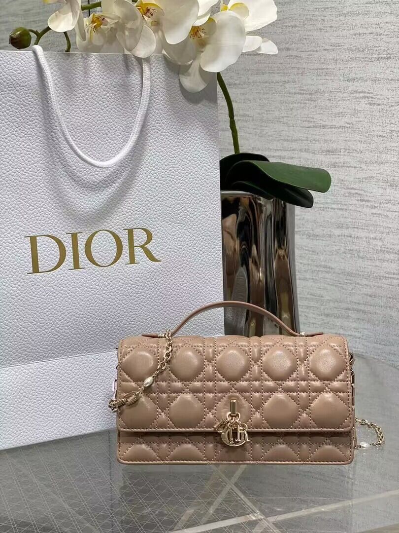 Dior Lady Original Leather Pearl Clutch Bag 6617 Apricot