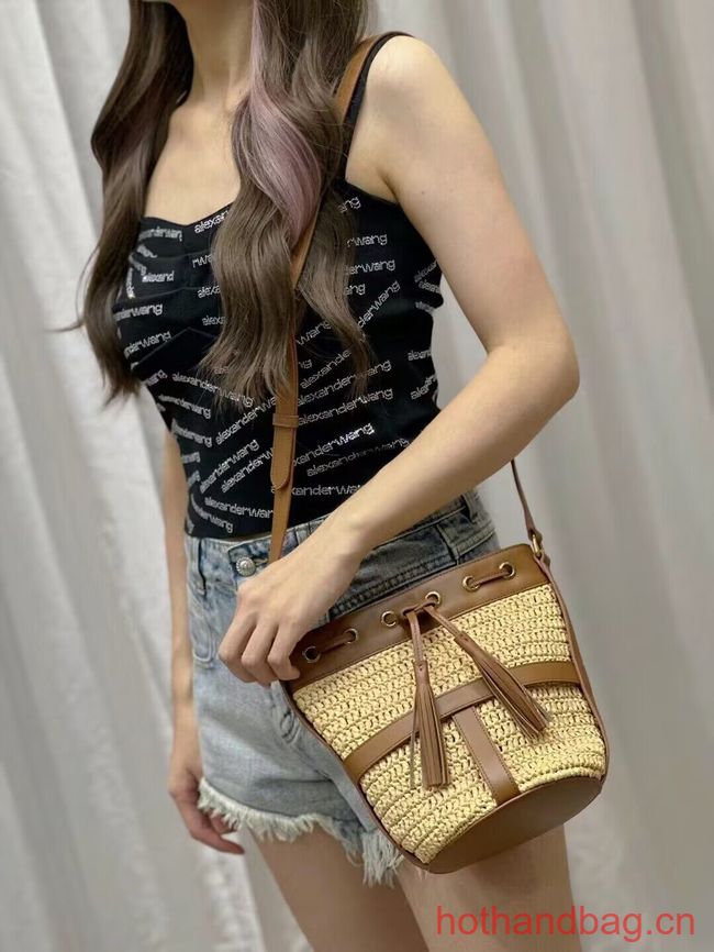 SAINT LAURENT IN RAFFIA AND LEATHER Shoulder Bag Y998223 apricot