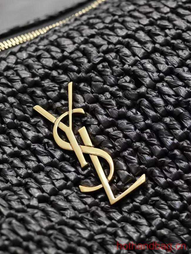 SAINT LAURENT SADE SMALL TUBE BAG IN RAFFIA AND LEATHER Y996704 BLACK