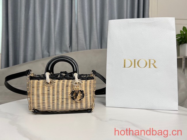 SMALL LADY D-JOY BAG Natural Wicker and Blue Dior Oblique Jacquard M0613O