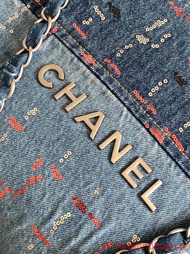 CHANEL 22 Shopping Bag Denim & Silver-Tone Metal AS3261 Blue