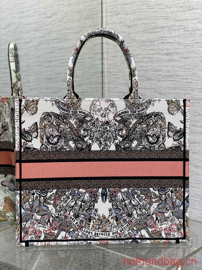 LARGE DIOR BOOK TOTE White and Pastel Pink Butterfly Around The World Embroidery M1286ZES